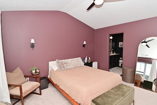 3110 W New York St, Indianapolis, IN 46222 - bedroom featuring lofted ceiling, light colored carpet, ensuite bathroom, and ceiling fan