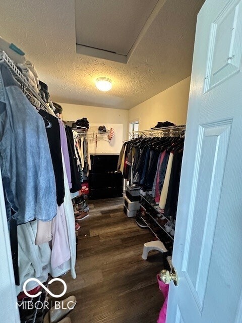 6155 W Bayfront, Mccordsville, IN 46055 - walk in closet featuring dark wood finished floors and attic access