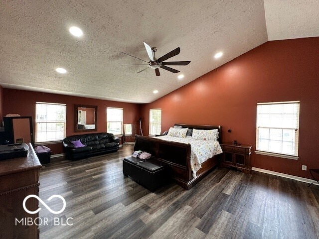 6155 W Bayfront, Mccordsville, IN 46055 - bedroom with lofted ceiling, a textured ceiling, wood finished floors, recessed lighting, and baseboards