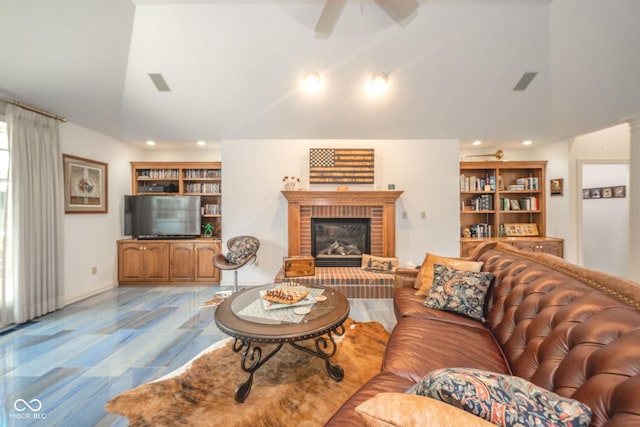 1105 Deer Creek Dr, Anderson, IN 46011 - living area with a ceiling fan, high vaulted ceiling, recessed lighting, a fireplace, and baseboards