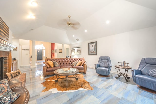 1105 Deer Creek Dr, Anderson, IN 46011 - living area featuring ornate columns, vaulted ceiling, a ceiling fan, a fireplace, and recessed lighting
