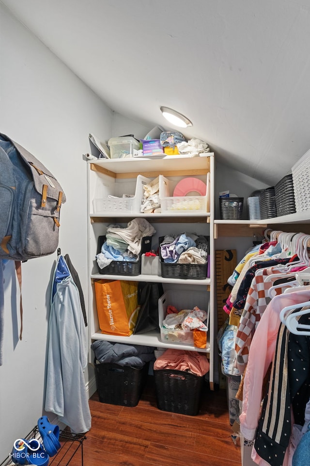 spacious closet with lofted ceiling and wood finished floors