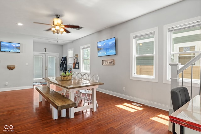 dining space featuring baseboards, wood finished floors, ceiling fan, and recessed lighting