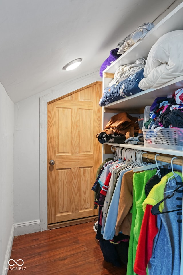 walk in closet with wood finished floors