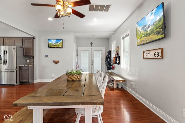 dining room featuring a ceiling fan, dark wood finished floors, french doors, baseboards, and recessed lighting