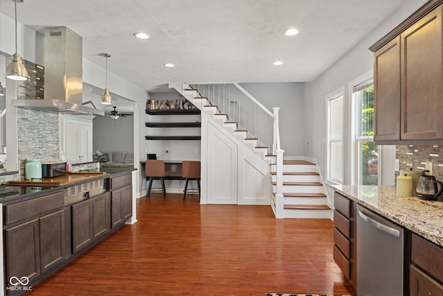 kitchen with island range hood, stainless steel dishwasher, dark wood-style floors, tasteful backsplash, and recessed lighting