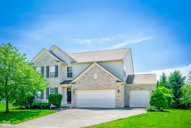 traditional-style house featuring an attached garage, a front yard, driveway, and brick siding