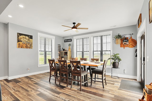 dining area with wood finished floors, baseboards, recessed lighting, and ceiling fan