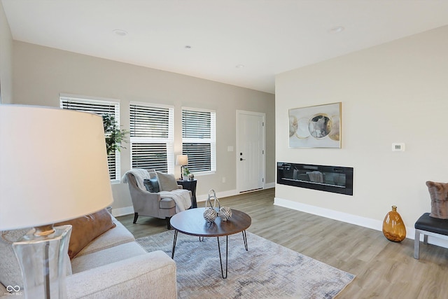 1429 Deloss St, Indianapolis, IN 46201 - living room featuring wood finished floors, a glass covered fireplace, and baseboards