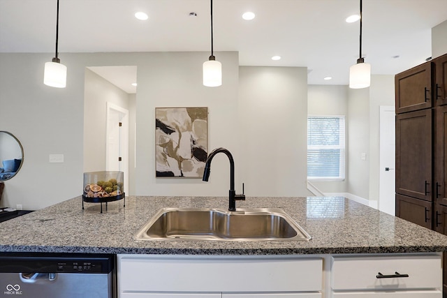 1429 Deloss St, Indianapolis, IN 46201 - kitchen featuring a sink, dishwasher, dark brown cabinetry, decorative light fixtures, and recessed lighting