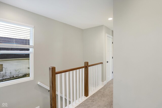 1429 Deloss St, Indianapolis, IN 46201 - hall featuring an upstairs landing, carpet, baseboards, and recessed lighting