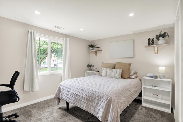carpeted bedroom with baseboards and recessed lighting