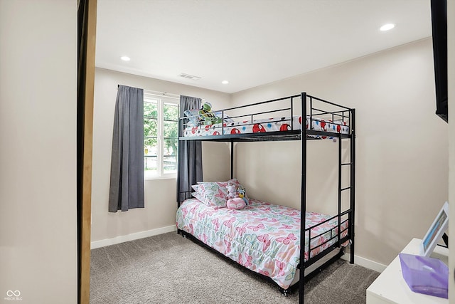 carpeted bedroom with baseboards and recessed lighting