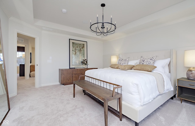 7239 Barrett Dr, Brownsburg, IN 46112 - bedroom featuring a raised ceiling, a chandelier, light carpet, ornamental molding, and baseboards