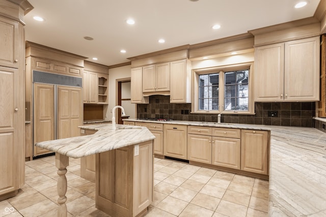 7406 N Washington Blvd, Indianapolis, IN 46240 - kitchen with paneled built in refrigerator, light brown cabinets, a sink, light tile patterned flooring, and light stone countertops