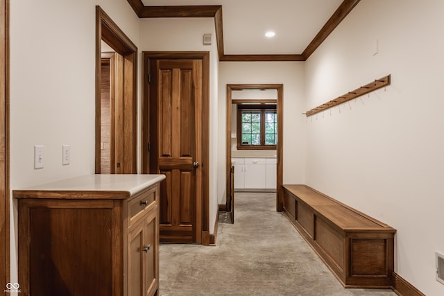 7406 N Washington Blvd, Indianapolis, IN 46240 - corridor with light colored carpet, ornamental molding, baseboards, and recessed lighting