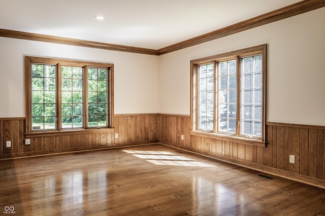 7406 N Washington Blvd, Indianapolis, IN 46240 - unfurnished room with wainscoting, healthy amount of natural light, ornamental molding, wood finished floors, and wooden walls