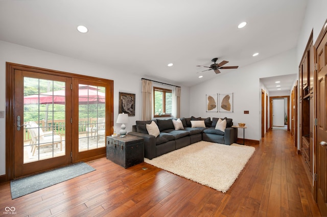 17216 W Hunnicut Rd, Cambridge City, IN 47327 - living area featuring hardwood / wood-style flooring, recessed lighting, lofted ceiling, and a ceiling fan