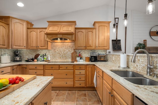 17216 W Hunnicut Rd, Cambridge City, IN 47327 - kitchen featuring custom range hood, lofted ceiling, black electric cooktop, light stone counters, and tasteful backsplash