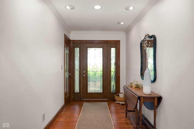 17216 W Hunnicut Rd, Cambridge City, IN 47327 - foyer entrance featuring wood finished floors, crown molding, and recessed lighting