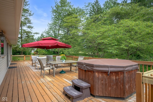 17216 W Hunnicut Rd, Cambridge City, IN 47327 - deck featuring a hot tub and outdoor dining area