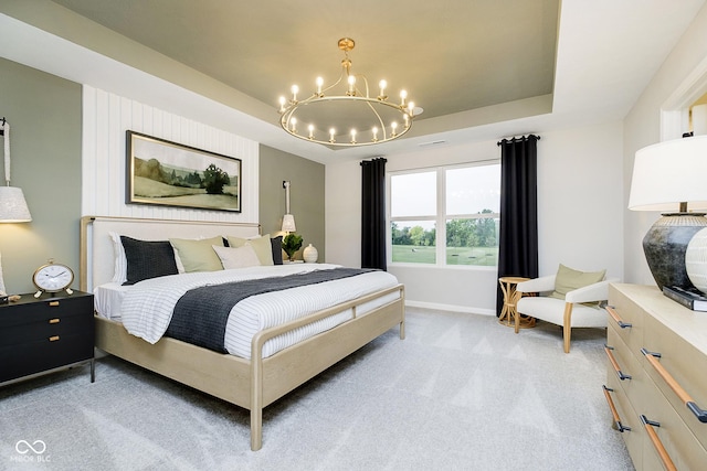 7242 Barrett Dr, Brownsburg, IN 46112 - bedroom featuring a chandelier, light colored carpet, a raised ceiling, and baseboards