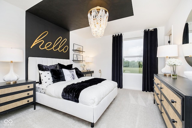 7242 Barrett Dr, Brownsburg, IN 46112 - bedroom featuring light colored carpet and a chandelier