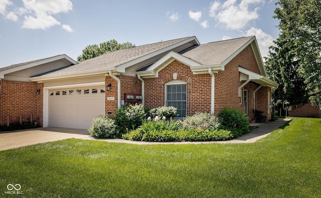 8133 Hazen Way, Indianapolis, IN 46216 - ranch-style home with brick siding, a garage, concrete driveway, a front lawn, and a shingled roof