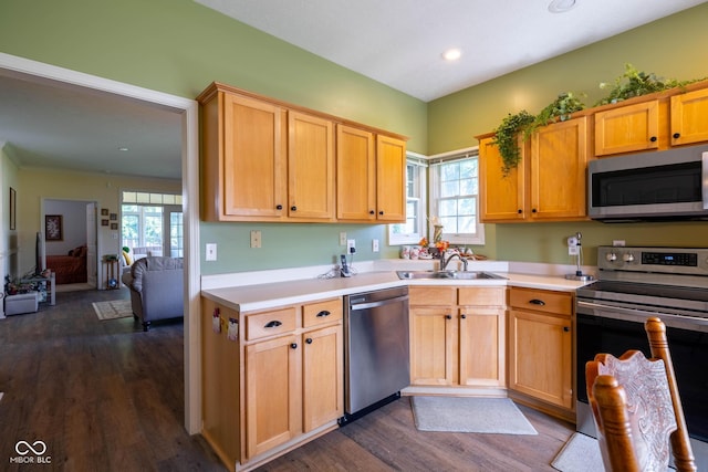 8133 Hazen Way, Indianapolis, IN 46216 - kitchen featuring stainless steel appliances, a sink, light countertops, dark wood-style flooring, and recessed lighting