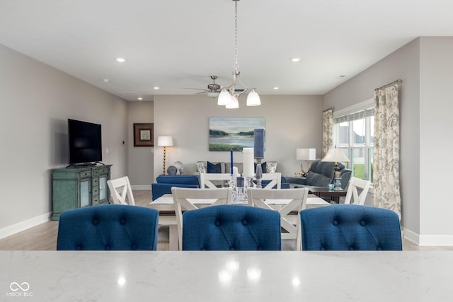 3622 S Setting Sun Ln, New Palestine, IN 46163 - dining area featuring recessed lighting, wood finished floors, baseboards, and a ceiling fan