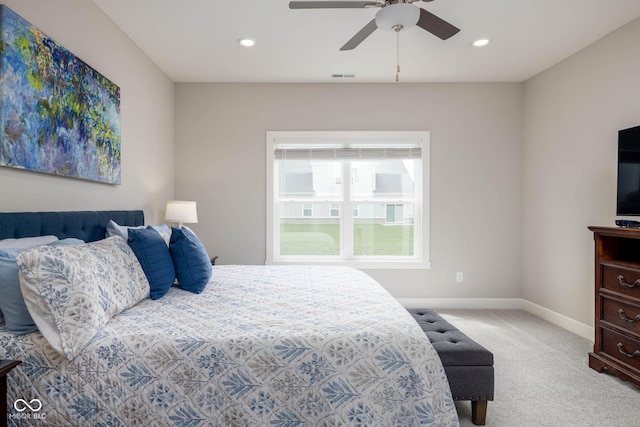 3622 S Setting Sun Ln, New Palestine, IN 46163 - bedroom featuring carpet, baseboards, recessed lighting, and a ceiling fan