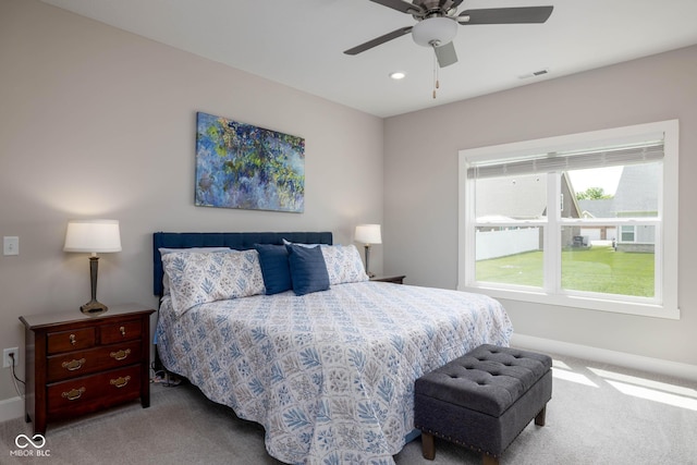 3622 S Setting Sun Ln, New Palestine, IN 46163 - carpeted bedroom with baseboards, ceiling fan, and recessed lighting