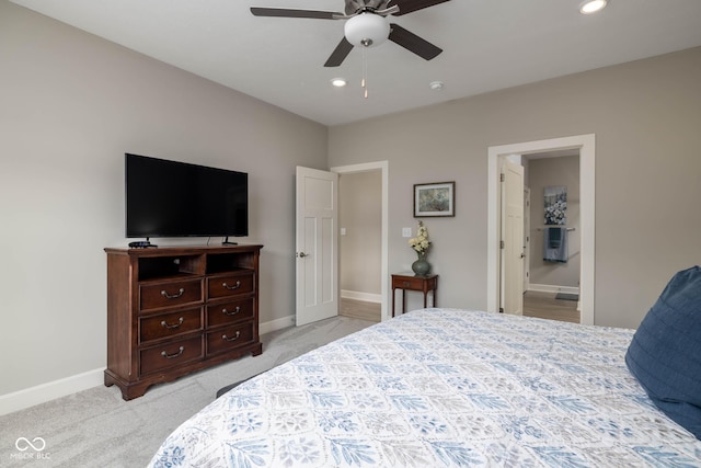 3622 S Setting Sun Ln, New Palestine, IN 46163 - bedroom with recessed lighting, light colored carpet, baseboards, and ceiling fan