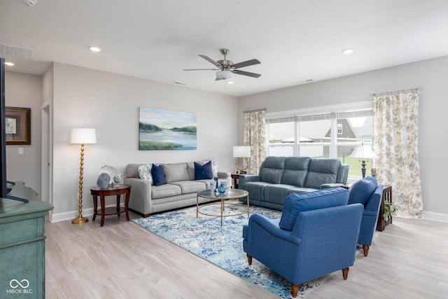 3622 S Setting Sun Ln, New Palestine, IN 46163 - living area with ceiling fan, baseboards, light wood-style flooring, and recessed lighting