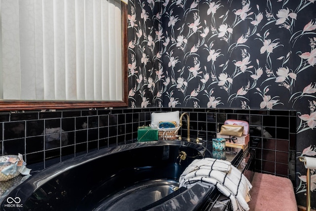 16226 Montrose Ln, Westfield, IN 46074 - full bath with wallpapered walls, a garden tub, a wainscoted wall, and tile walls
