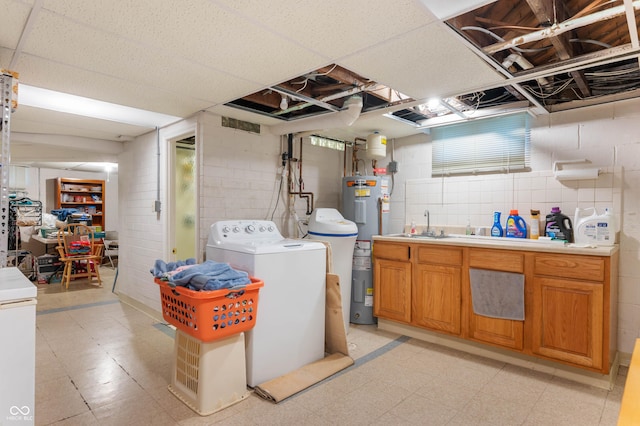 5330 W 56th St, Indianapolis, IN 46254 - basement with light floors, water heater, and concrete block wall