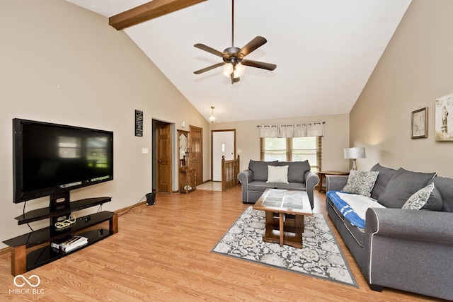 551 Windward Ln, Plainfield, IN 46168 - living area featuring wood finished floors, ceiling fan, high vaulted ceiling, and beam ceiling