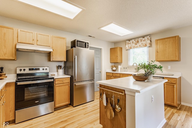 14291 Holly Berry Cir, Fishers, IN 46038 - kitchen with appliances with stainless steel finishes, under cabinet range hood, light wood-style flooring, light countertops, and a sink