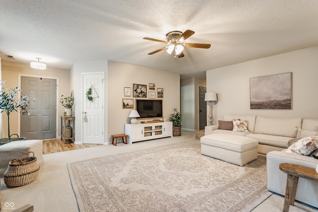 14291 Holly Berry Cir, Fishers, IN 46038 - living area featuring a ceiling fan, a textured ceiling, carpet flooring, and baseboards