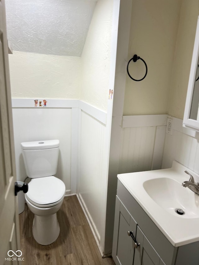 4850 E University Ave, Indianapolis, IN 46201 - bathroom featuring wainscoting, wood finished floors, vanity, toilet, and a decorative wall
