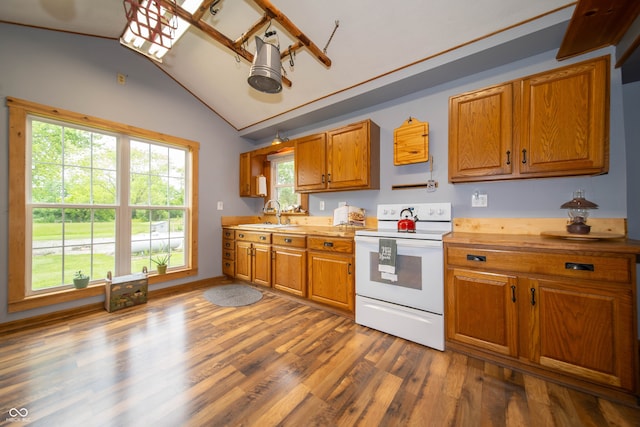 5388 W Hazelrigg Rd, Thorntown, IN 46071 - kitchen with white electric range oven, brown cabinetry, vaulted ceiling, dark wood finished floors, and light countertops
