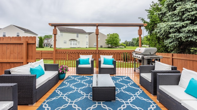deck featuring an outdoor living space, fence, a grill, and a residential view