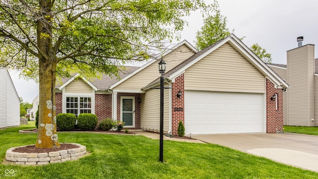 view of front facade featuring brick siding, driveway, an attached garage, a front lawn, and roof with shingles