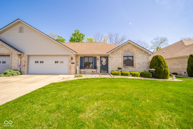 188 Bay Ridge Dr, Pendleton, IN 46064 - ranch-style house with brick siding, an attached garage, a front lawn, and driveway