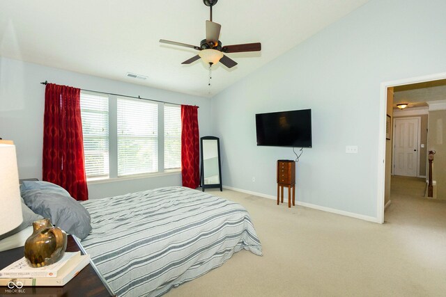 11727 Wedgeport Ln, Fishers, IN 46037 - bedroom with carpet floors, vaulted ceiling, baseboards, and a ceiling fan