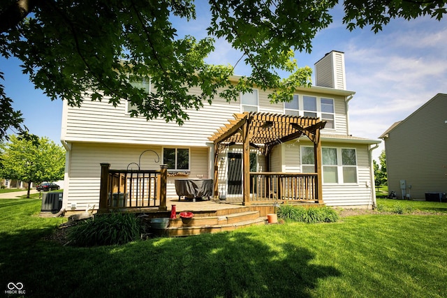 11727 Wedgeport Ln, Fishers, IN 46037 - rear view of property with a pergola, a wooden deck, a yard, and cooling unit