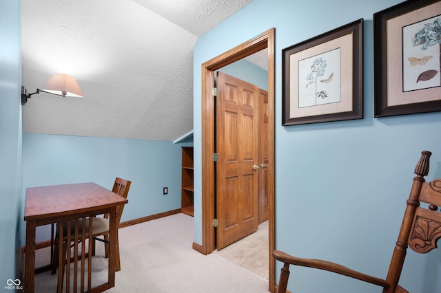 6575 Robin Hood Dr, Indianapolis, IN 46227 - corridor featuring a textured ceiling, carpet flooring, baseboards, and vaulted ceiling