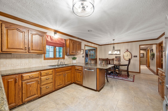 6575 Robin Hood Dr, Indianapolis, IN 46227 - kitchen featuring dishwasher, a sink, brown cabinets, a chandelier, and a textured ceiling