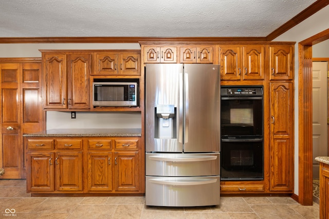 6575 Robin Hood Dr, Indianapolis, IN 46227 - kitchen with appliances with stainless steel finishes, light stone counters, brown cabinetry, a textured ceiling, and ornamental molding