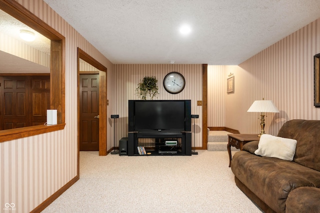 6575 Robin Hood Dr, Indianapolis, IN 46227 - carpeted living area with a textured ceiling, wallpapered walls, and baseboards